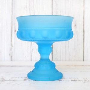 Vintage Blue Frosted Compote Vase Footed Wedding Bowl Indiana Glass Kings Crown